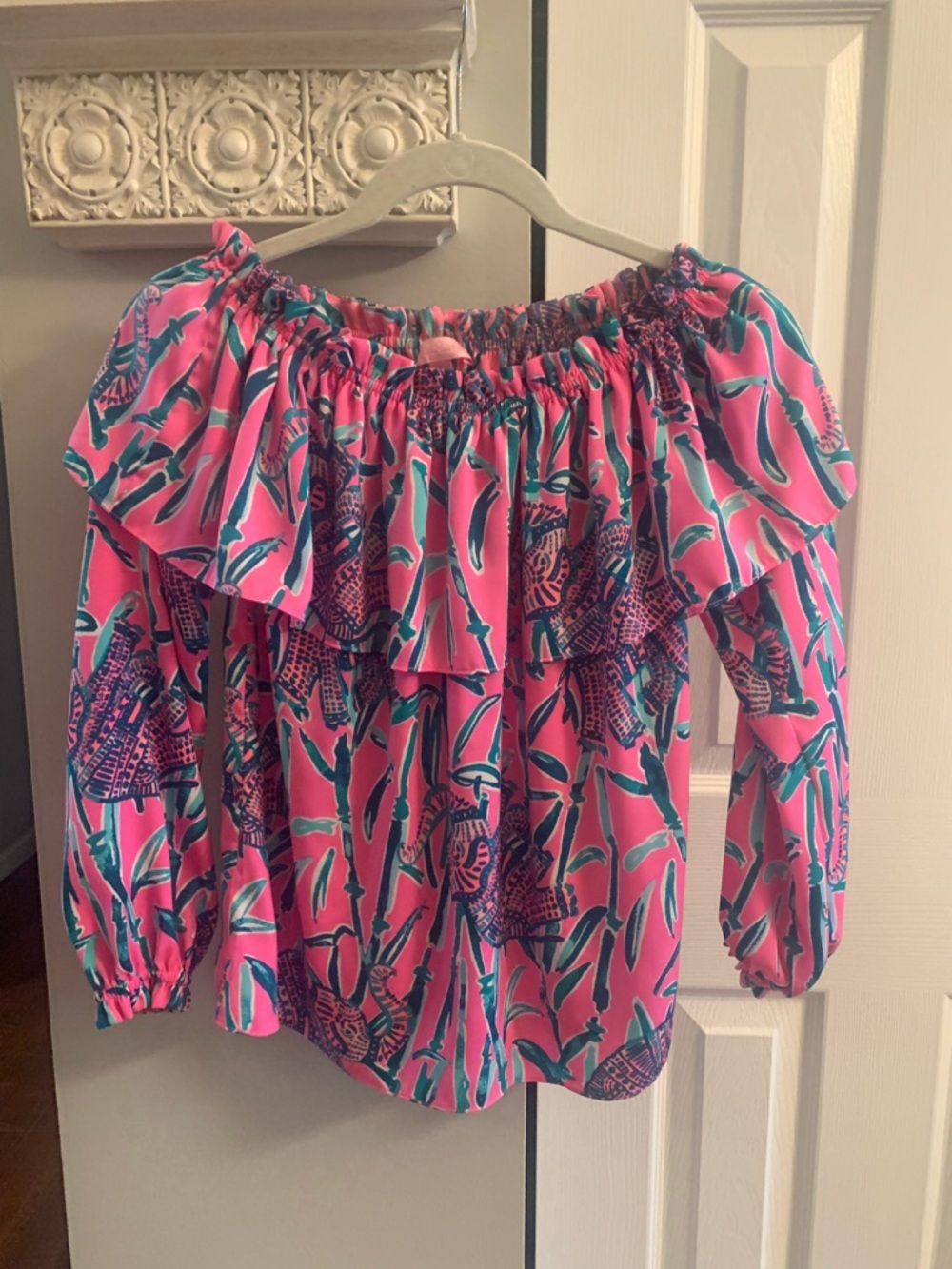 Lilly Pulitzer Pink Off-Shoulder Ruffle Blouse with Teal & Navy Print - XS